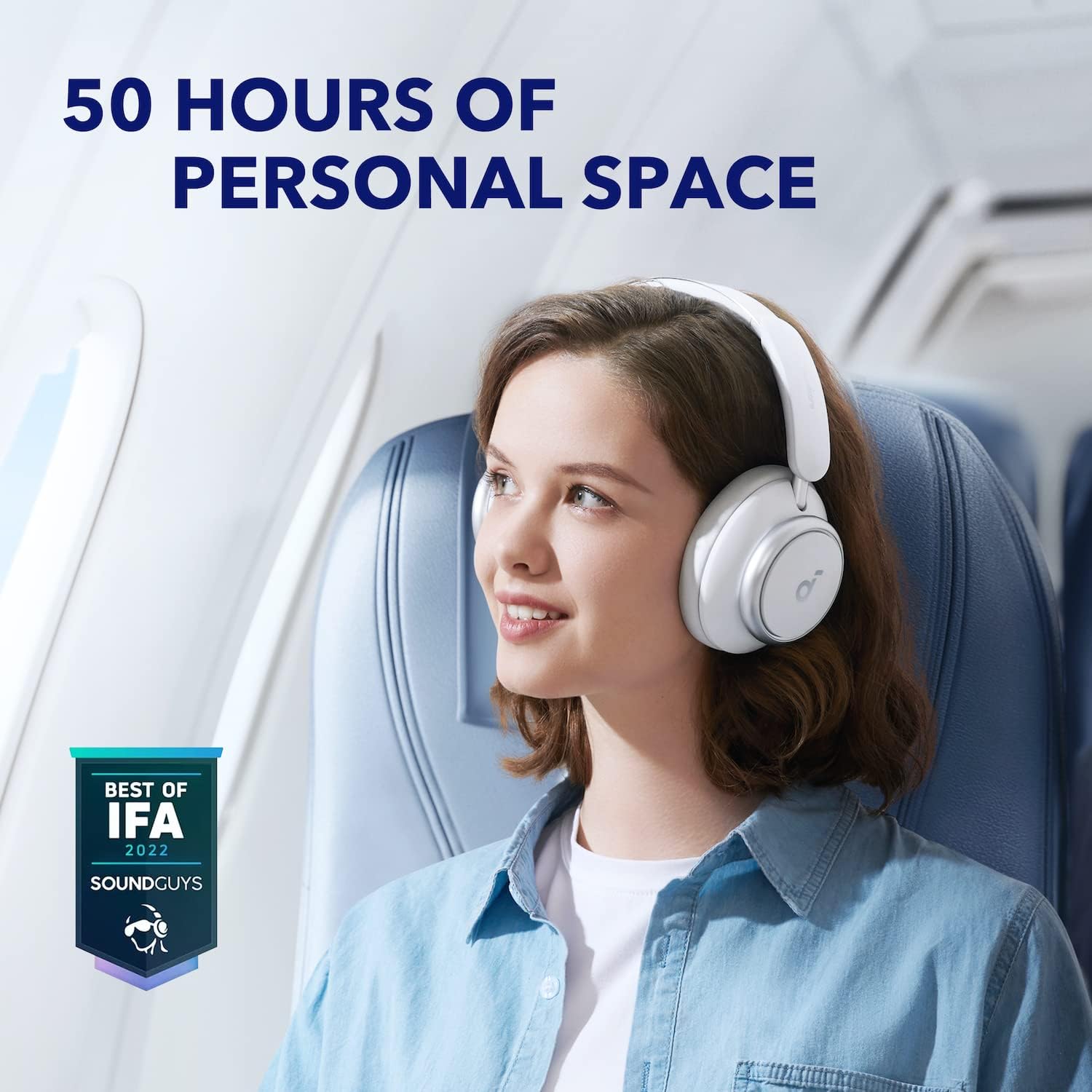 Soundcore graphic showcasing 50 hours of battery time by depicting a young woman on a plane ride wearing the Space Q45 headphones smiling.